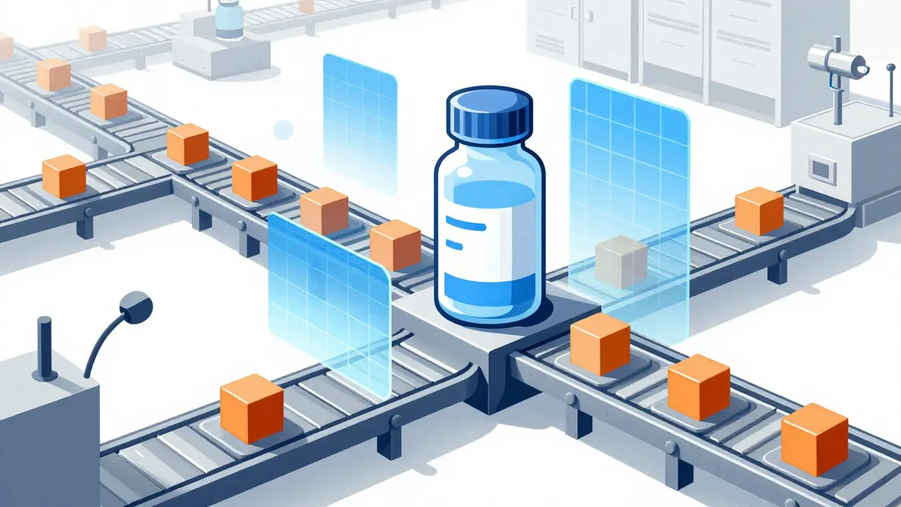 Medicine supply chain secured by block nodes illustration