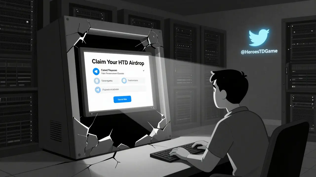 Player at a terminal deceived by fake airdrop screen, while a single verified Twitter icon glows in the background.
