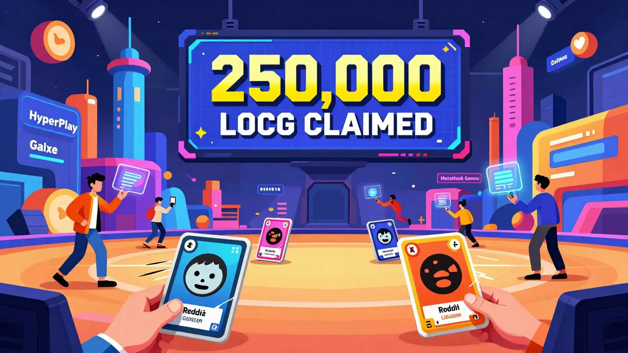 Players battling in a futuristic LOCGame arena using meme-themed NFT cards under a digital scoreboard.