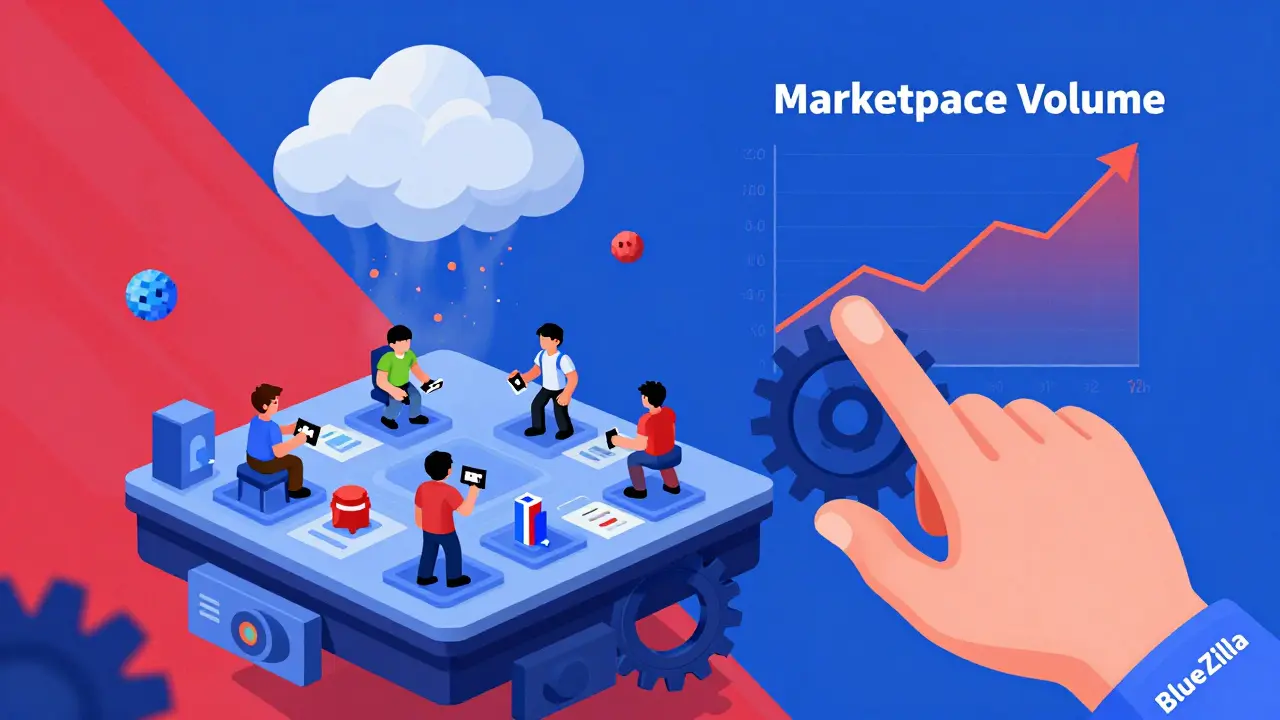 Players trading NFTs on a floating marketplace under the guidance of a mechanical 'BlueZilla' hand.