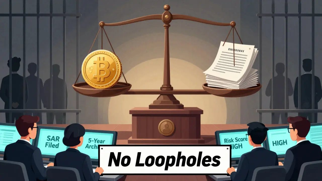 Regulatory scale balancing crypto and compliance, with compliance officers and risk scoring in Constructivist style