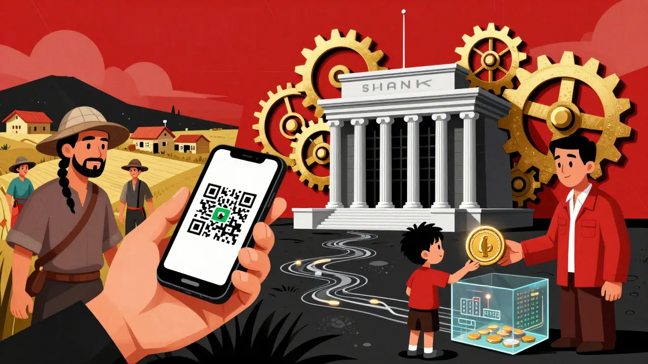 Rural farmers receive digital payments while a central bank tower with gears symbolizes monetary control.