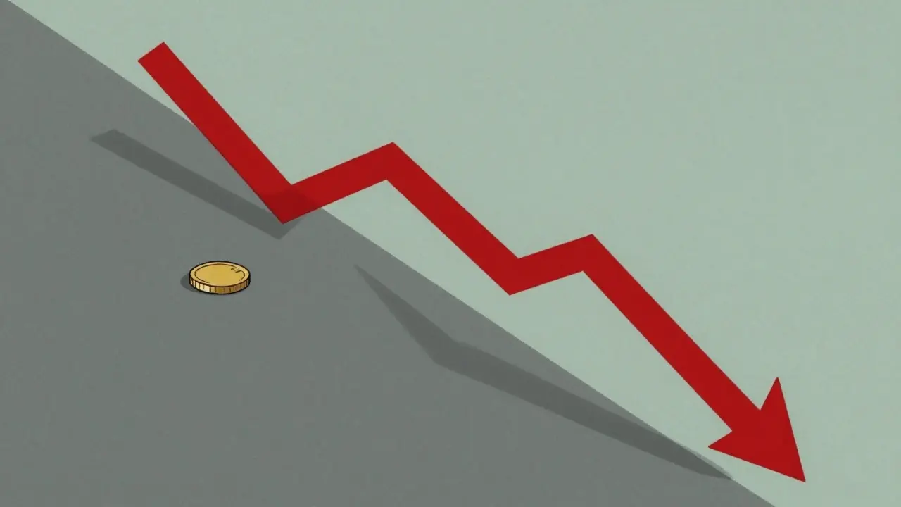 Single coin sliding down a steep geometric ramp alone.