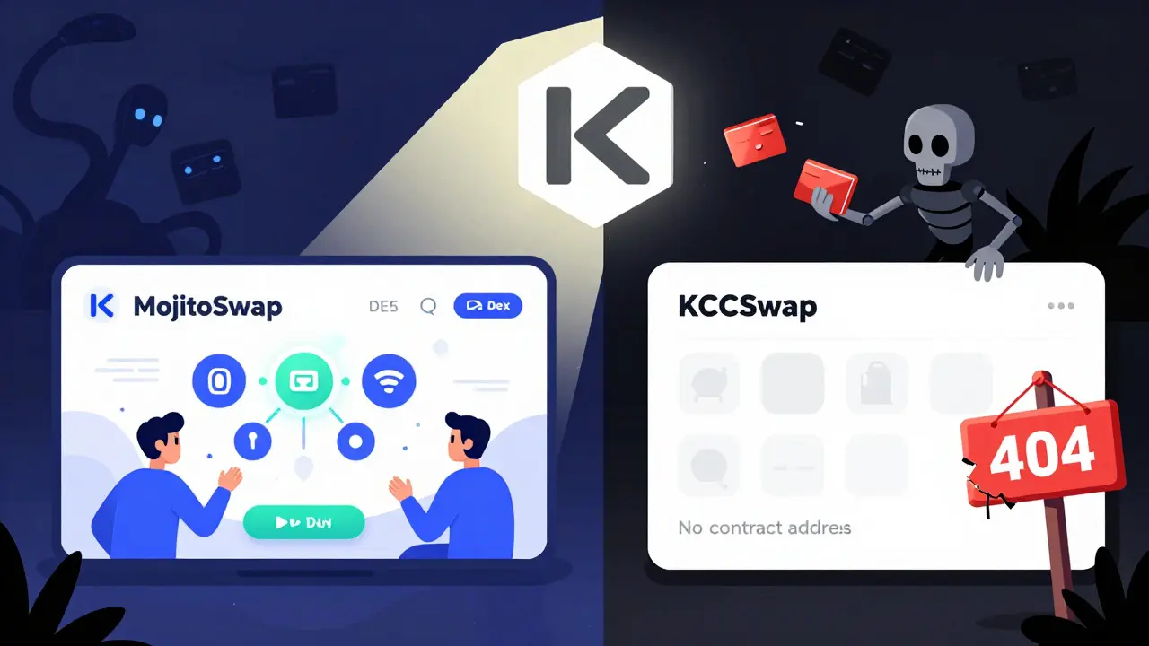 Split scene: real MojitoSwap DEX glows with activity, while a hollow KCCSwap skeleton crumbles beside it under a KuCoin shield.