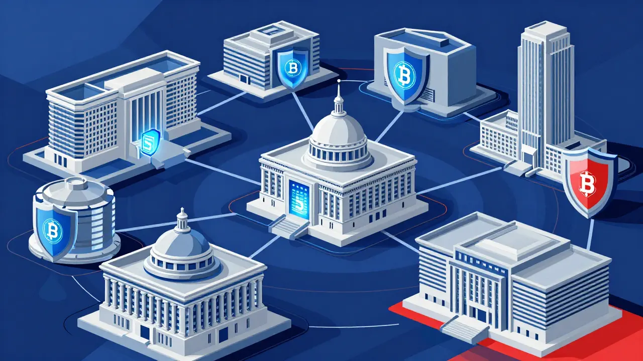 Stylized depiction of international cybersecurity defense collaboration