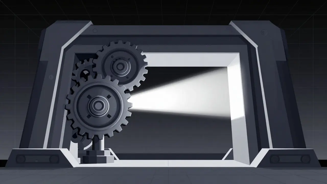 Stylized illustration of paused gears opening a digital pathway