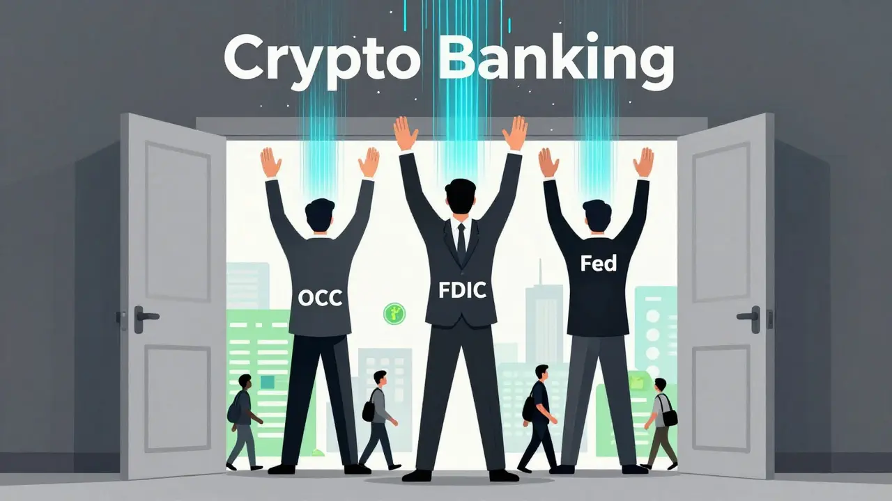 Three regulators releasing data streams into an open door labeled 'Crypto Banking' as customers enter a new financial future.