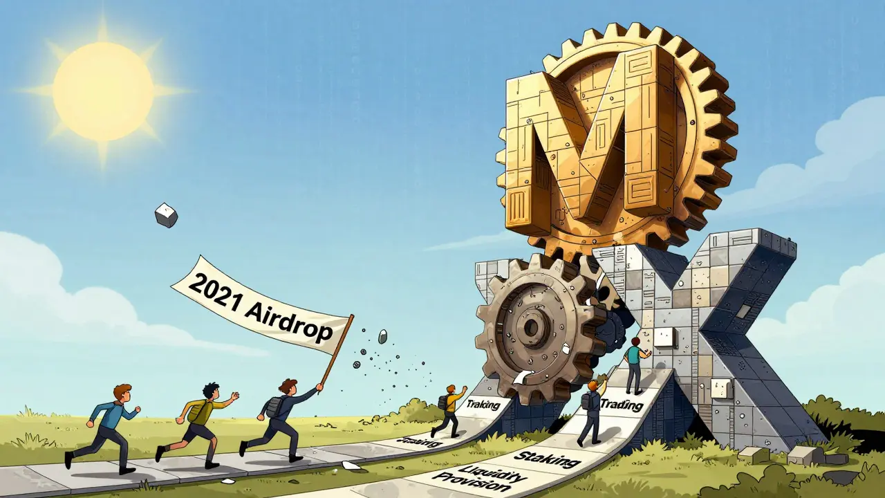 Towering MDX token monument built from gears and blocks, with users climbing paths to earn rewards.