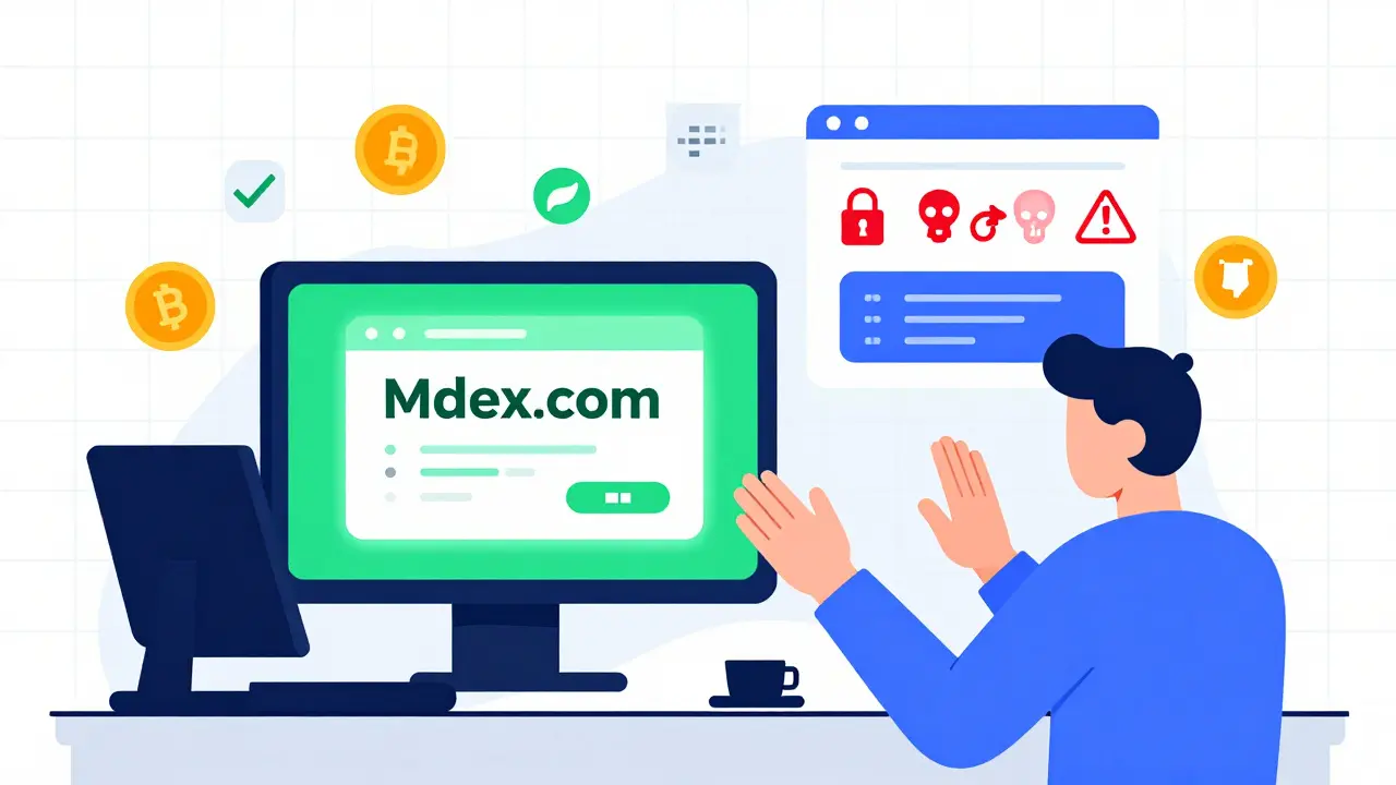 User choosing official Mdex portal over fake airdrop site with warning symbols in bold Constructivist design.