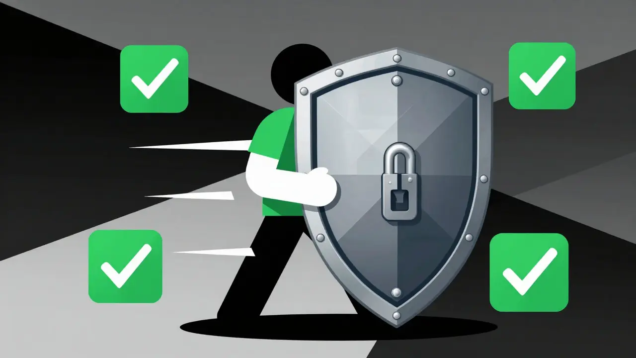 User holding a geometric shield with lock symbols for security.