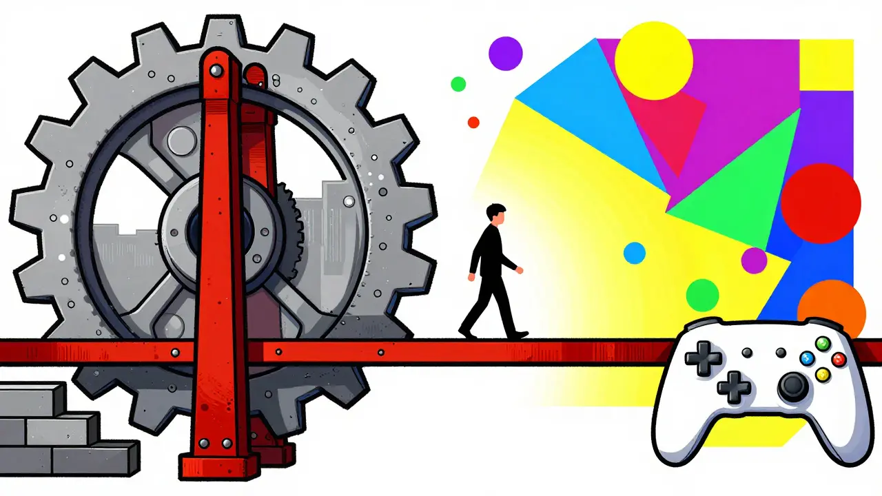 A bridge connecting industrial funding structures to a colorful gaming world