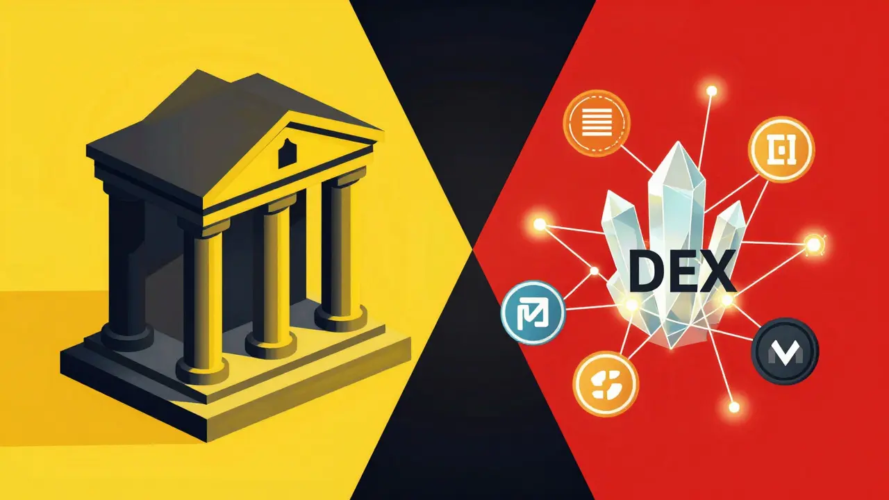 A contrast between a monolithic central bank and a decentralized digital network of nodes.