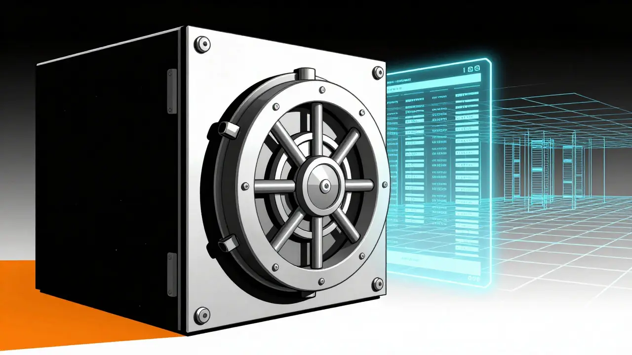 A fortified digital vault and blockchain grid in a bold constructivist illustration.