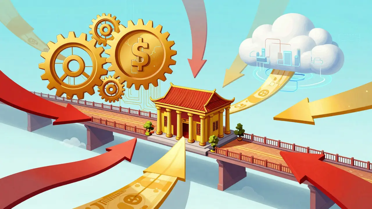 A geometric bridge connecting traditional banking to a digital currency cloud