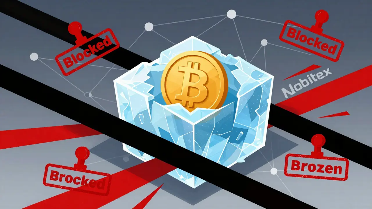 A golden crypto coin frozen in a block of ice with red industrial stamps and severed network lines.
