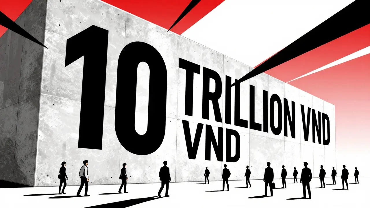 A massive wall labeled 10 trillion VND blocking small business owners