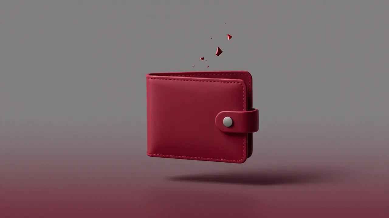 A stylized empty digital wallet floating in a minimalist red and grey Constructivist void.