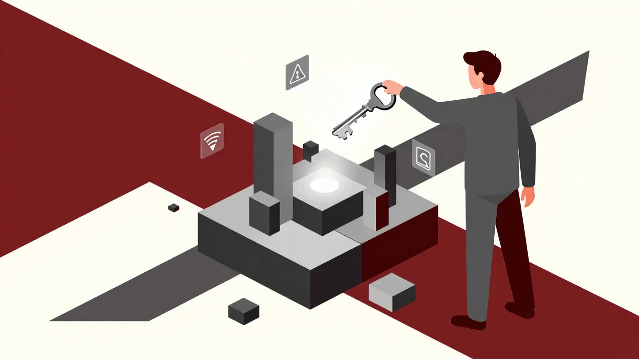 A stylized figure holding a digital key to unlock a complex blockchain architecture.