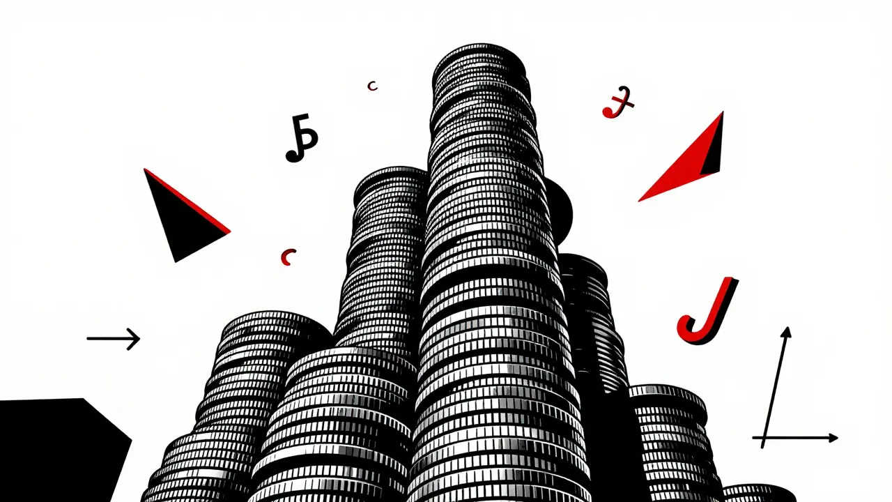 A towering, unstable pillar of coins with abstract geometric shapes in a bold Constructivist layout.