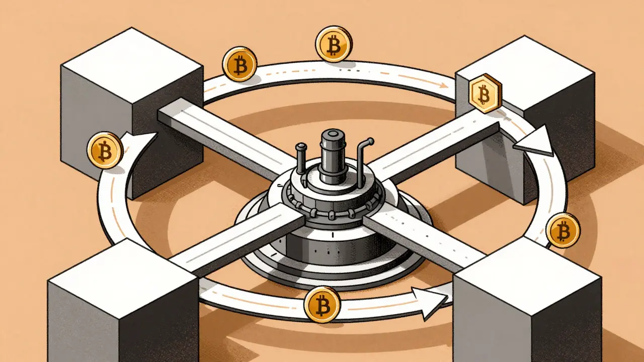 Abstract circular diagram showing the flow of tokens in a decentralized exchange ecosystem.