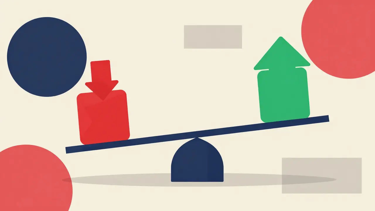 Abstract constructivist balance scale showing stop-loss and take-profit levels.