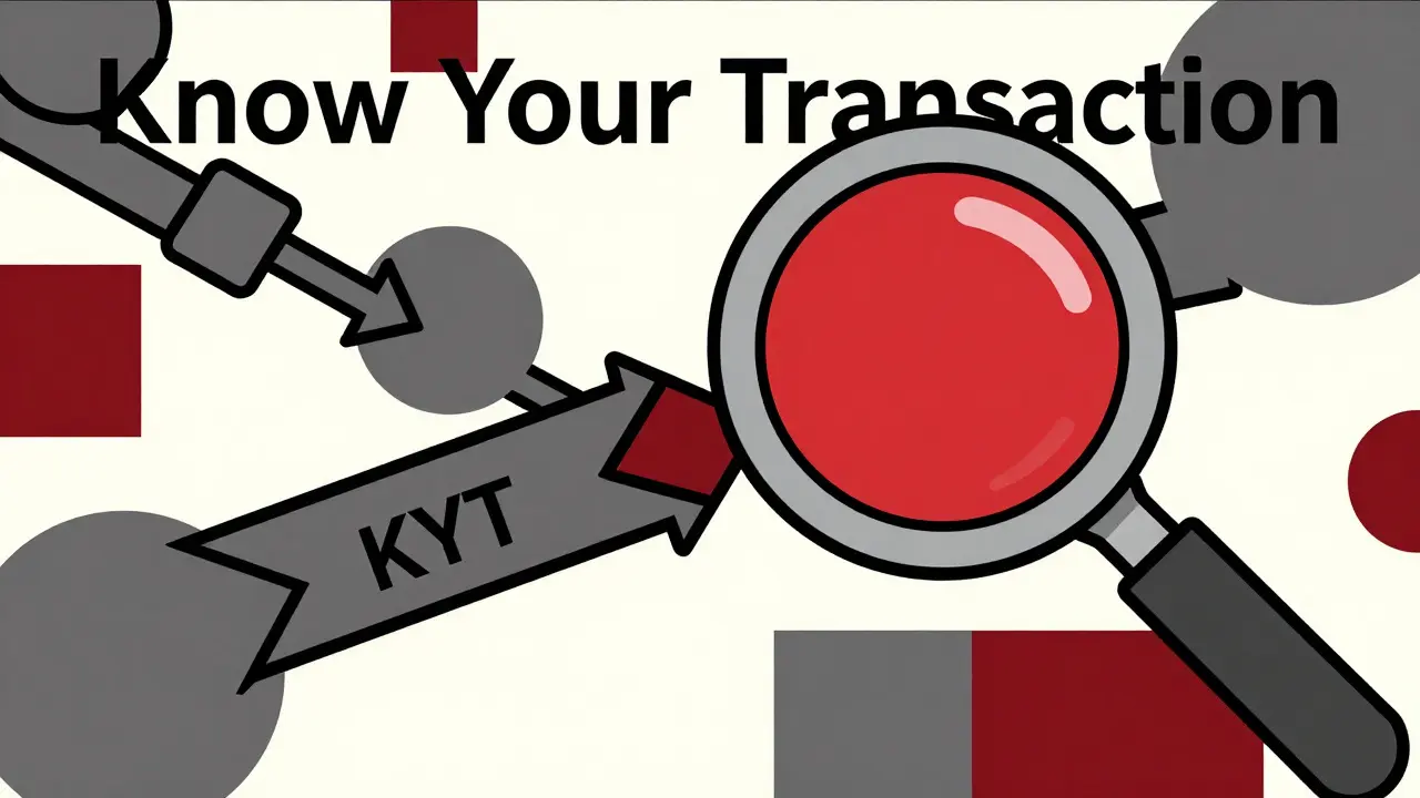 Abstract geometric visualization of blockchain transaction monitoring and a red flag.