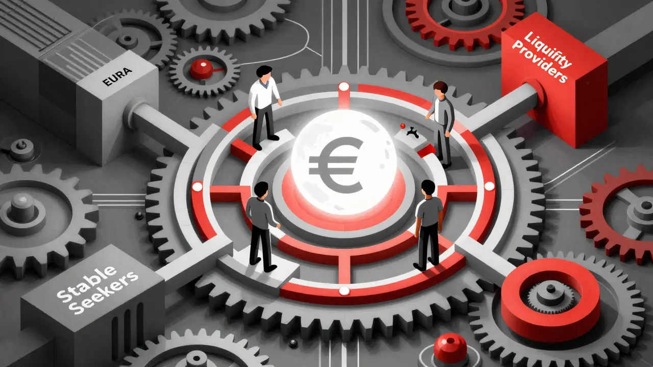Abstract industrial illustration of the EURA ecosystem with gears and geometric figures.