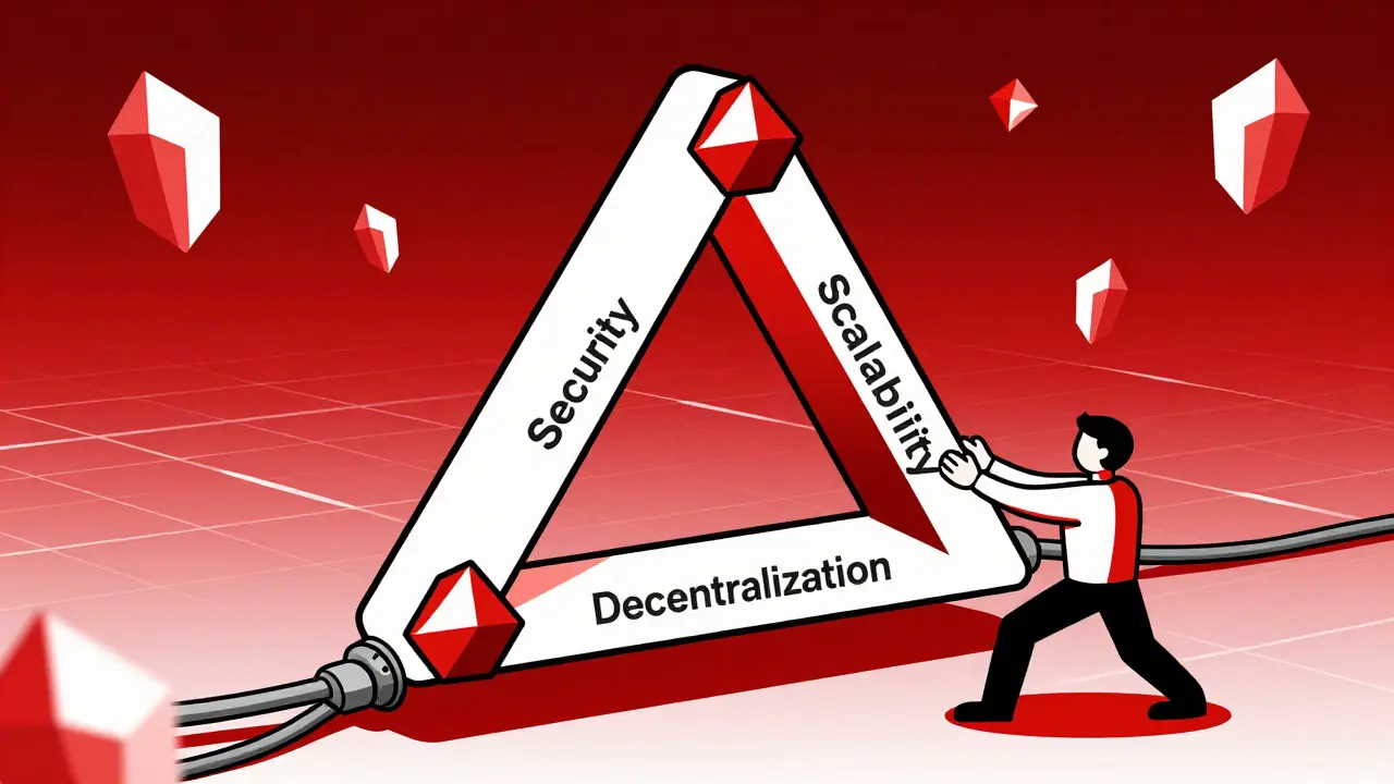 An abstract geometric triangle representing the balance of security, scale, and decentralization.