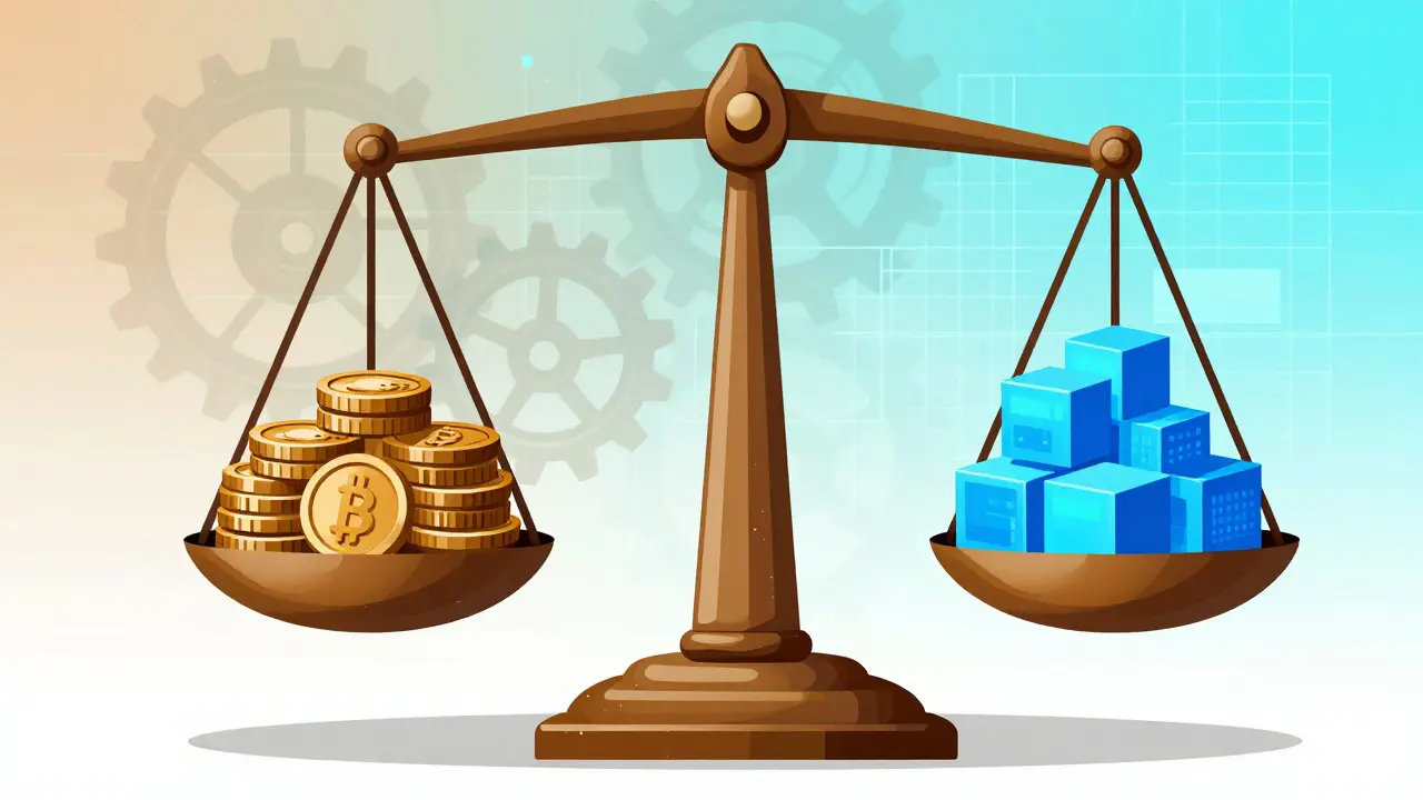 Balanced scale with coins and digital cubes.