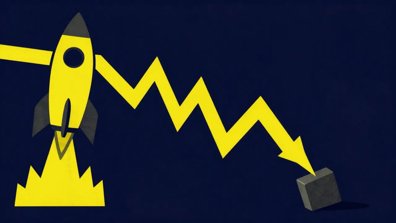 Constructivist art depicting a jagged price chart with a rocket and a falling block.