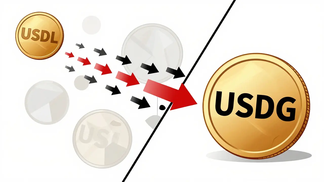 Constructivist art depicting the transition of one digital asset evolving into another via geometric arrows.