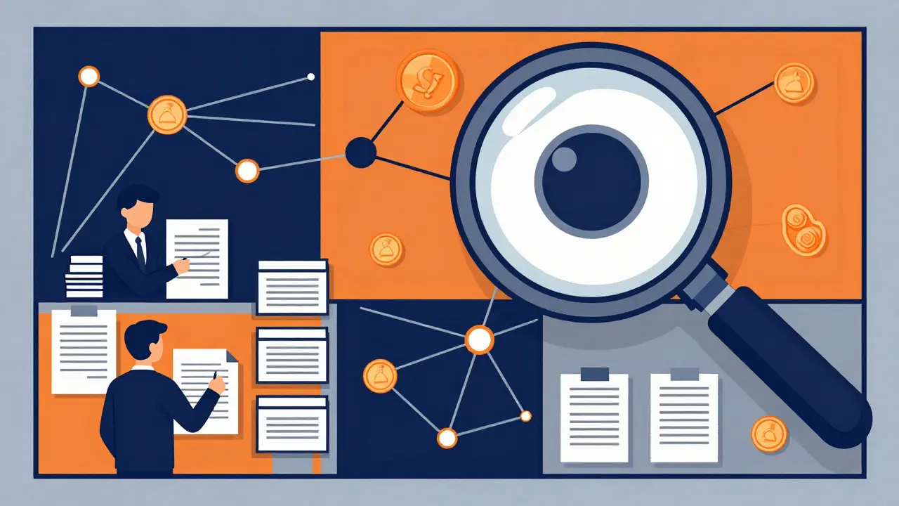 Constructivist art showing a digital network under a magnifying glass for tax transparency.