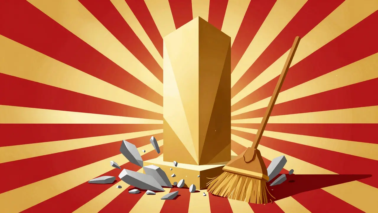 Constructivist art showing a towering digital yuan pillar replacing fragmented cryptocurrency shards.