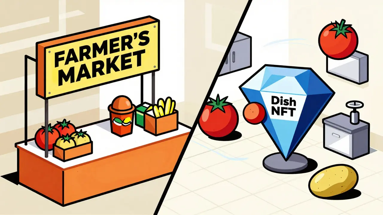 Constructivist artwork showing the transition of ingredients from a digital market to a cooked dish NFT.