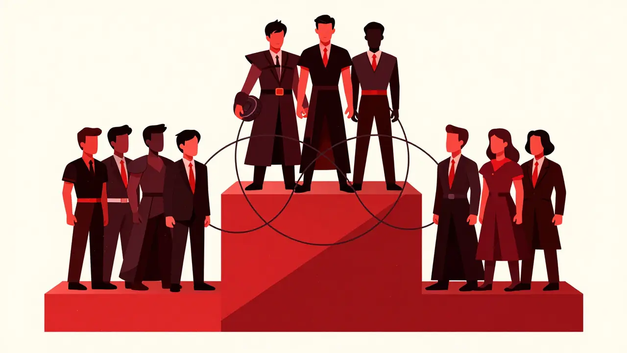 Geometric depiction of three gaming guilds on a tiered podium competing for rewards.