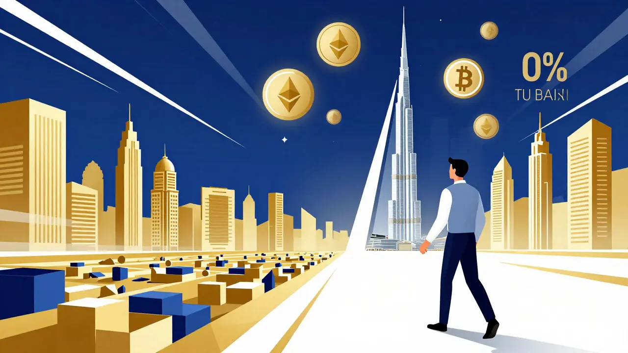Geometric illustration of a trader moving toward a gold-toned Dubai skyline.