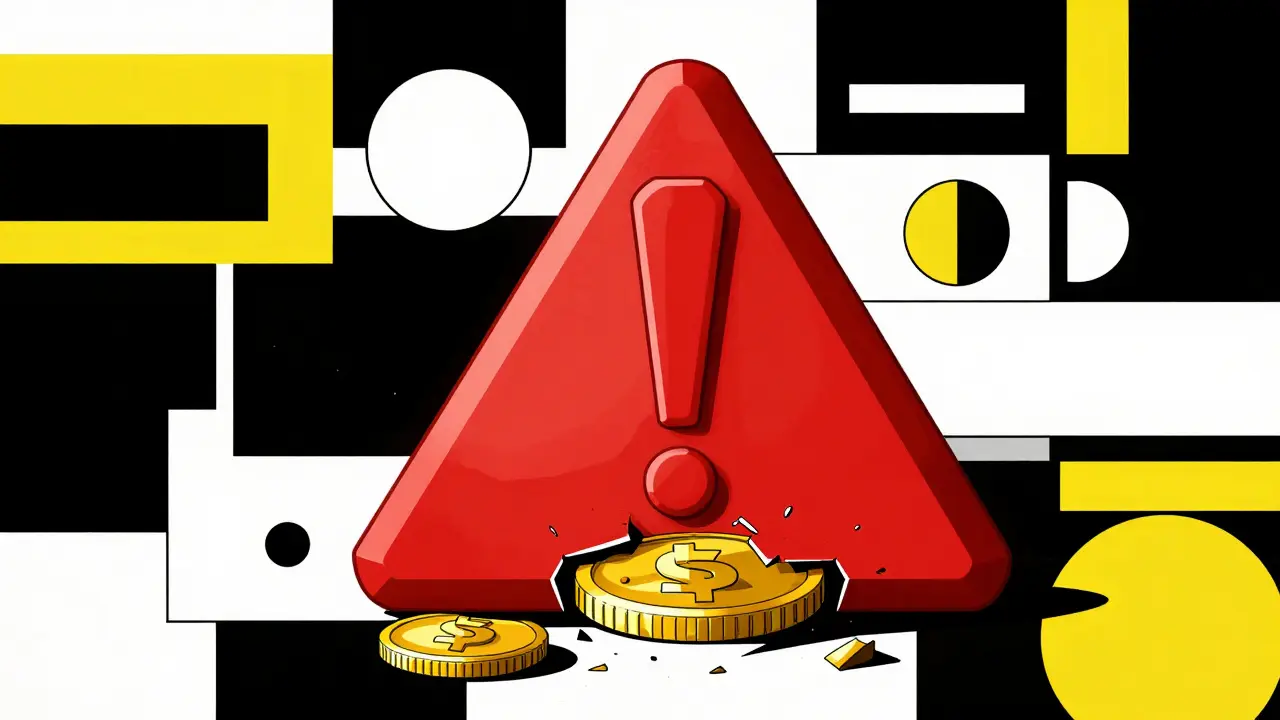 Geometric red warning sign over a fragmented digital coin in a bold graphic style.