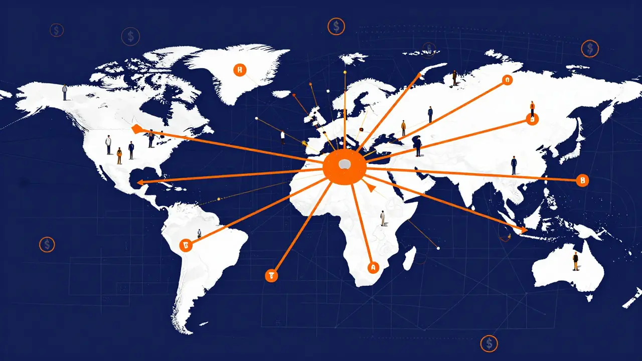Global network of connecting lines and figures in a bold constructivist graphic style