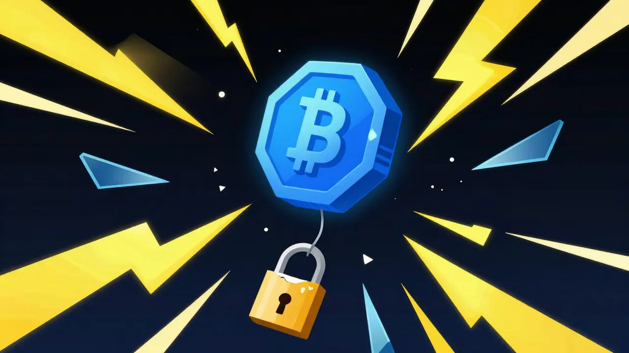 Glowing coin surrounded by jagged risk symbols.