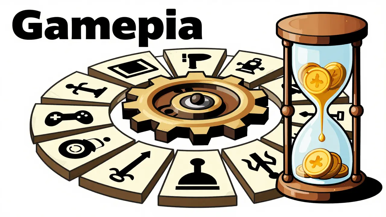 Graphic design of a gaming hub gear surrounded by game symbols and a vesting hourglass.