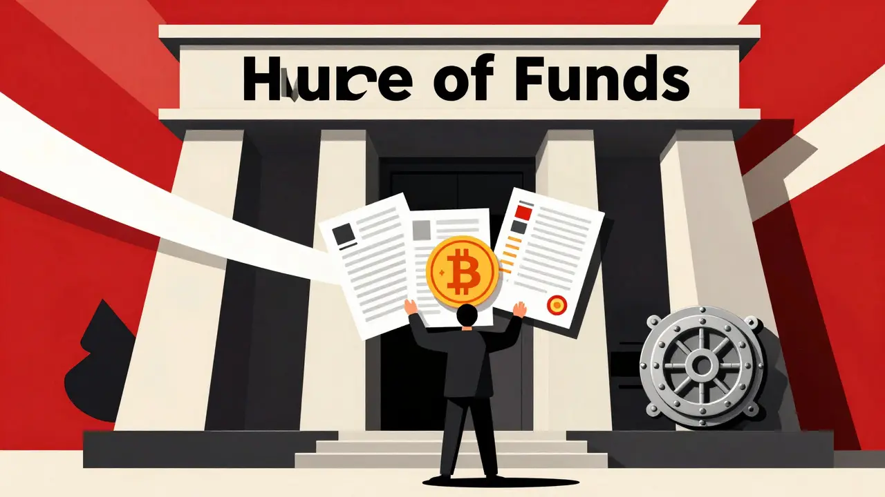 Illustration of a person providing documentation to bridge crypto and traditional banking.