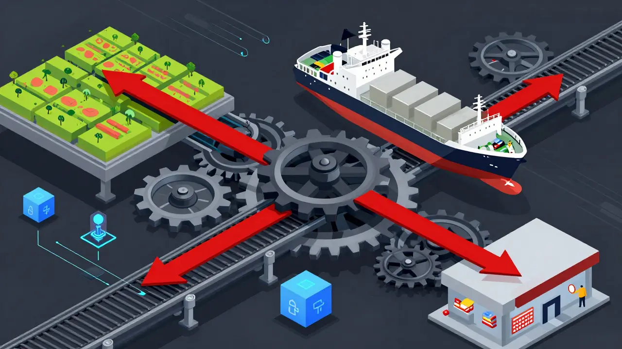 Industrial network of gears and blocks representing a blockchain-tracked supply chain.