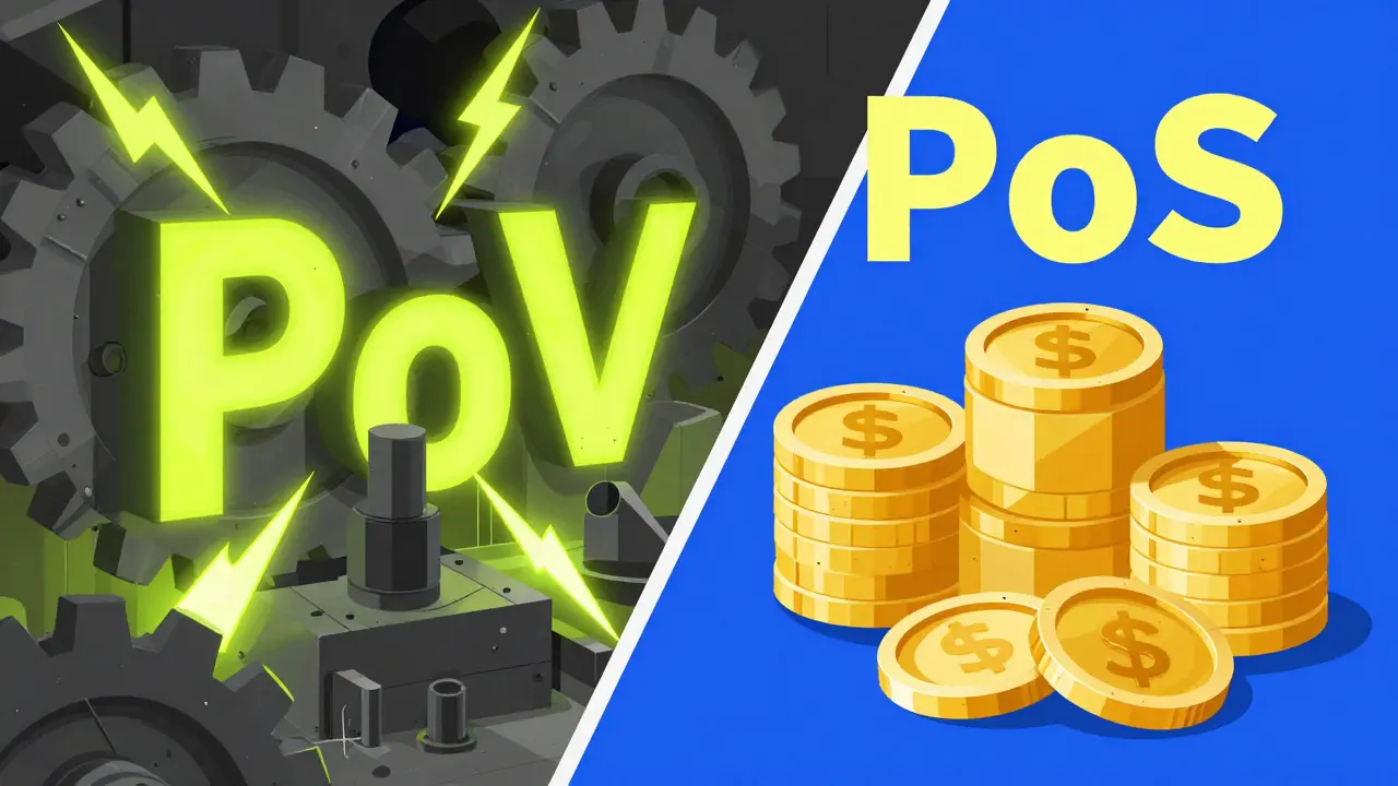 Split illustration comparing industrial mining energy with stacked gold coin collateral.