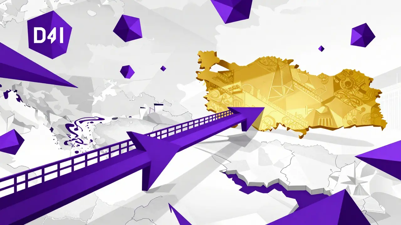 Stylized arrows and geometric shapes showing a path from Iran to Turkey with decentralized crypto symbols.