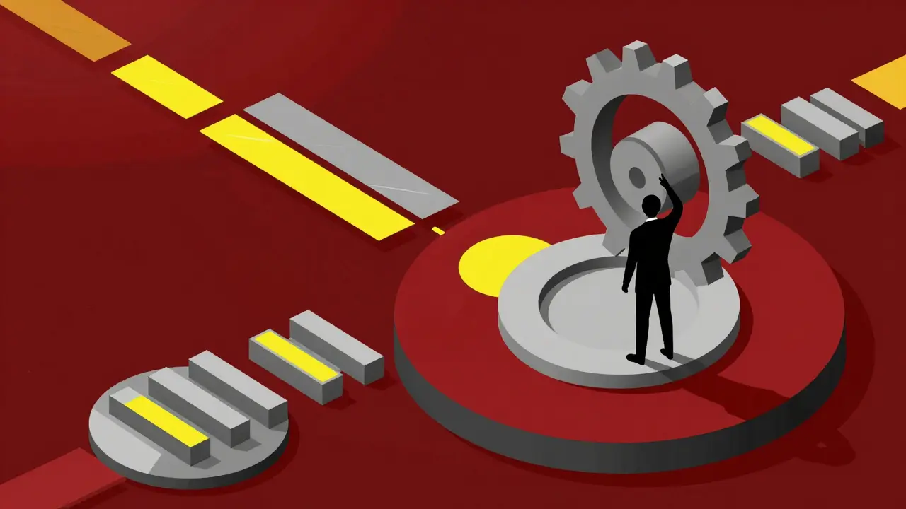 Stylized Constructivist artwork showing a trader interacting with an automated liquidity mechanism