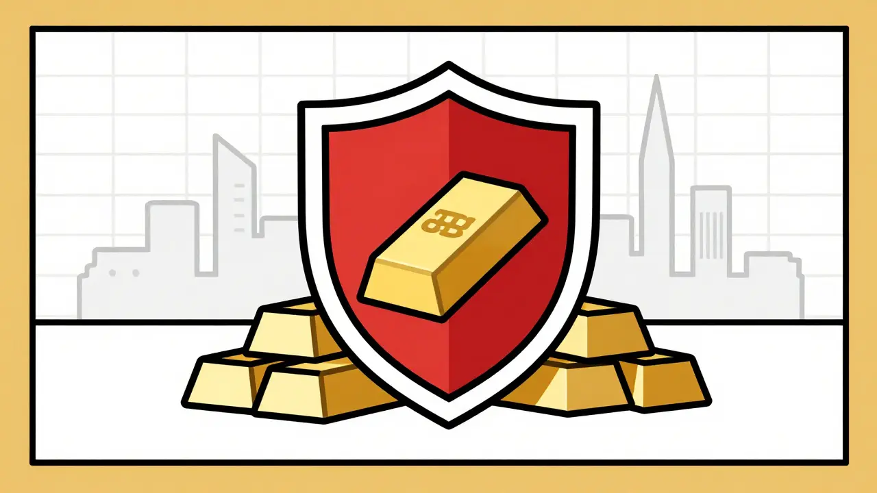 Stylized graphic showing a shield protecting treasury bonds and a minimalist Abu Dhabi city skyline.