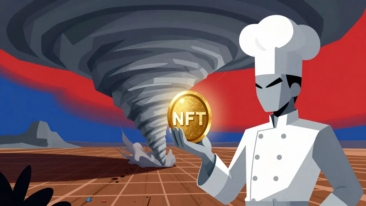Stylized illustration of a digital tornado hitting the Foodverse while a chef protects a rare NFT.
