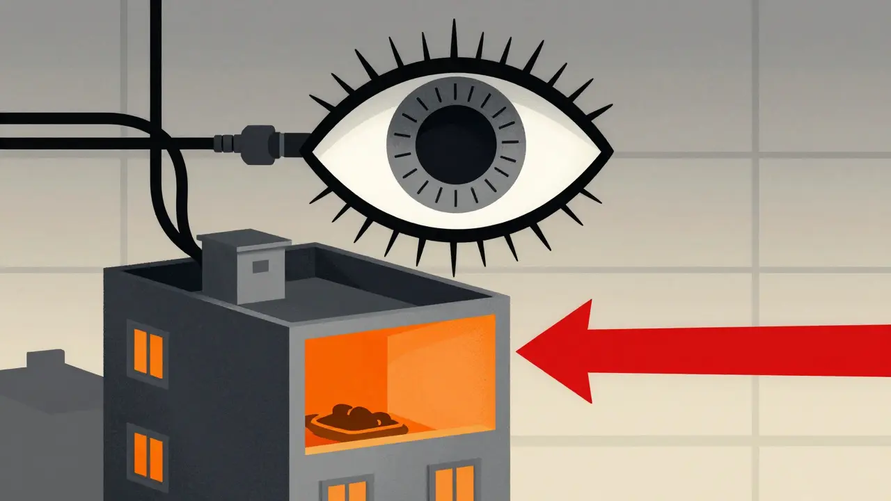 Stylized illustration of a giant eye monitoring a hidden crypto mining setup in a building.