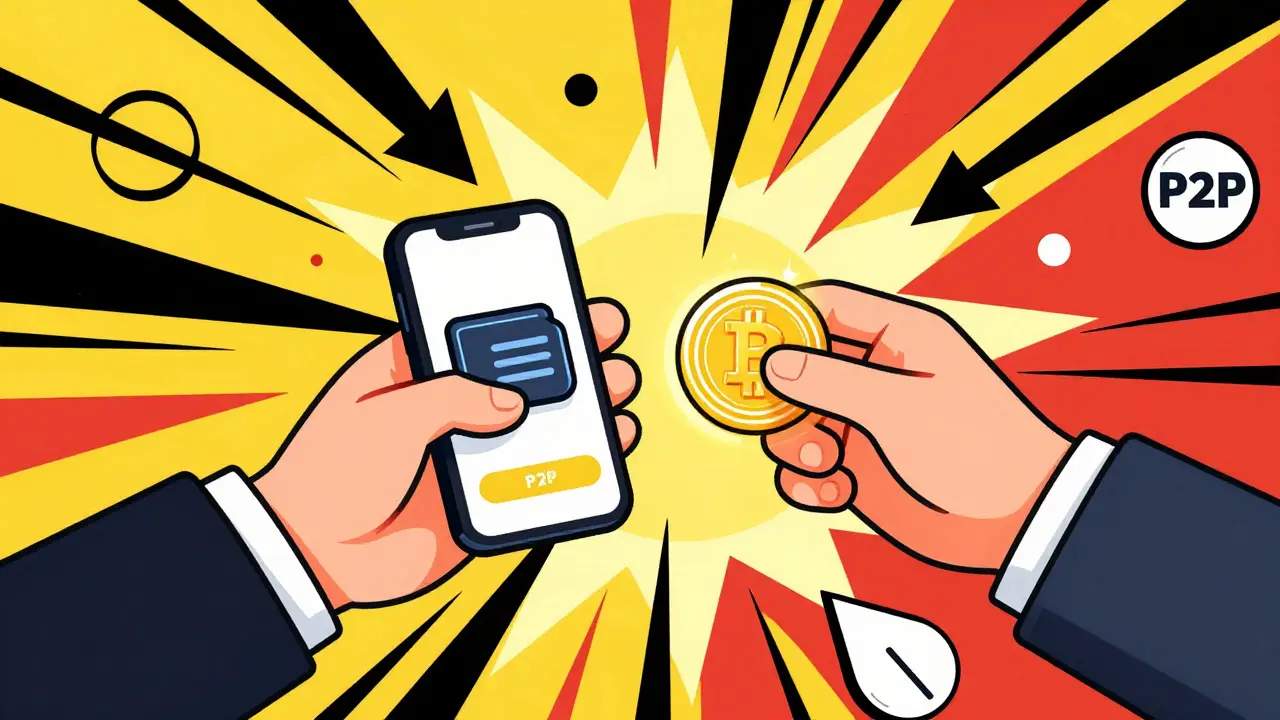 Two hands exchanging digital currency via smartphone in a geometric constructivist style.