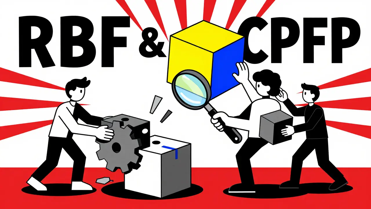 Abstract cartoon showing mechanical solutions for stuck Bitcoin transactions